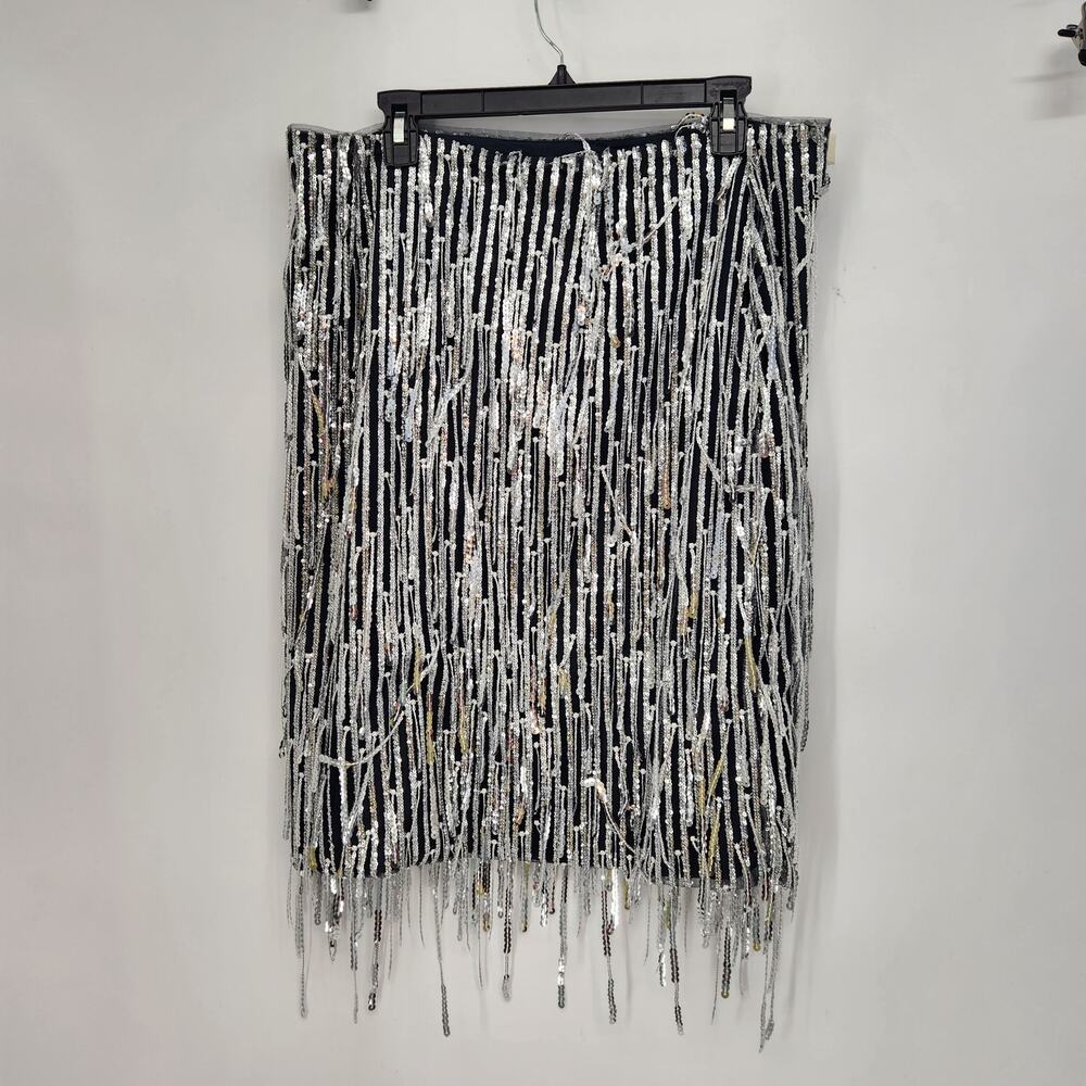Anthropologie Maeve Fringe Sequin Navy & Silver Flapper Midi Skirt Women's 14 - Picture 9 of 9
